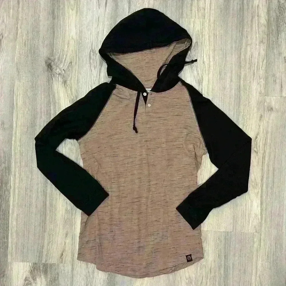 Free Planet Beige Black Pullover Lightweight Hoodie Long Sleeve Henley Size S
